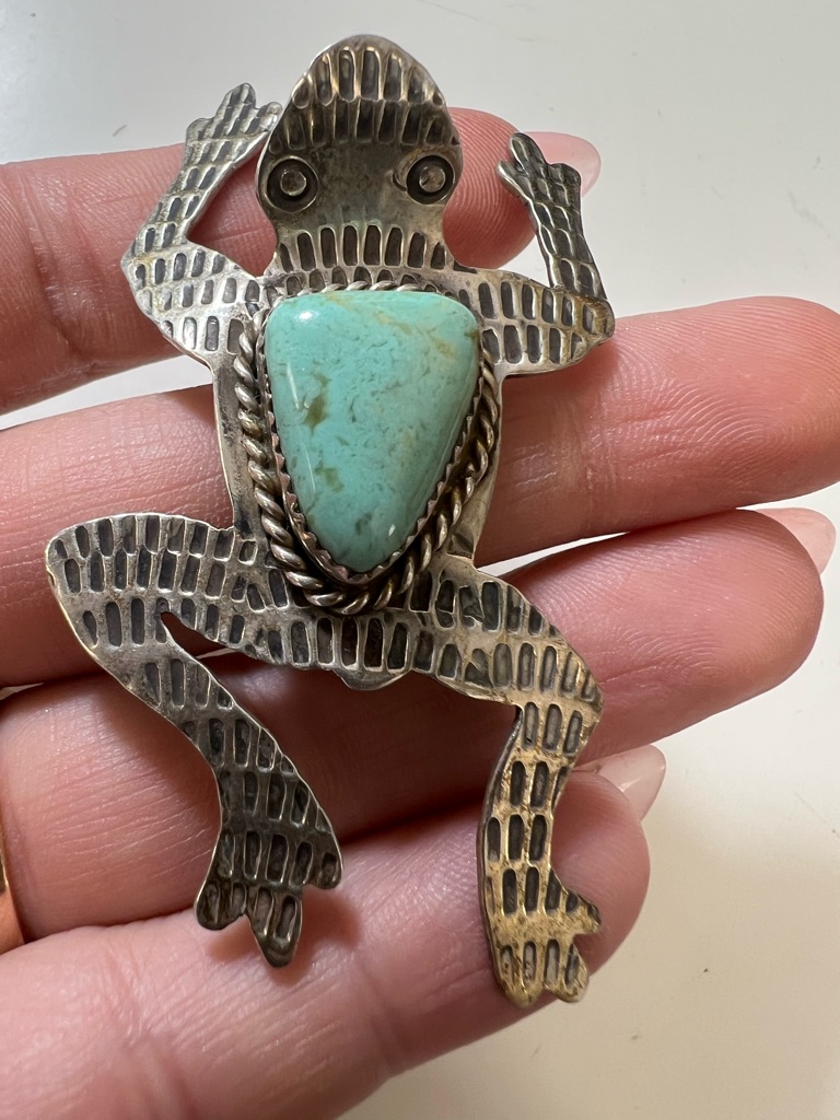 Navajo Indian Sterling Silver Turquoise Frog Pin Albert Cleveland Ajc